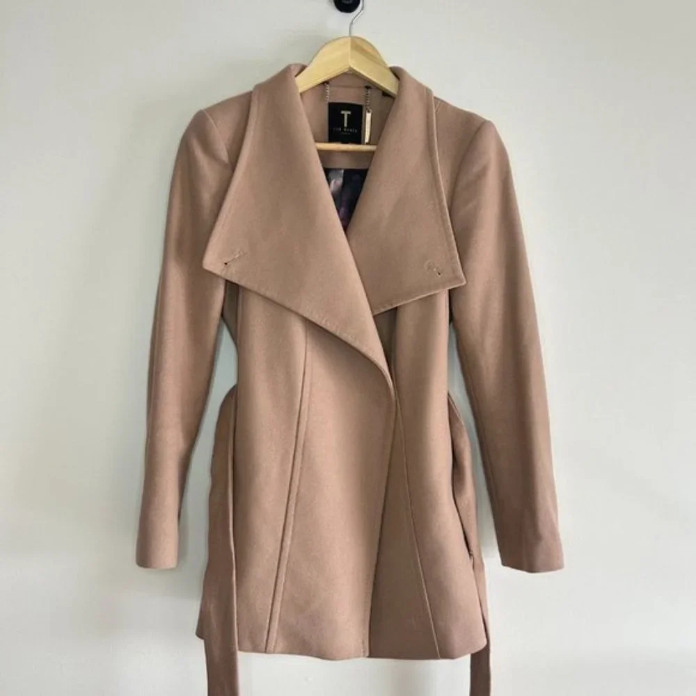 Ted Baker Rytaa Light Pink Short Belted Wool Pea Coat sz 3 - Picture 10 of 11